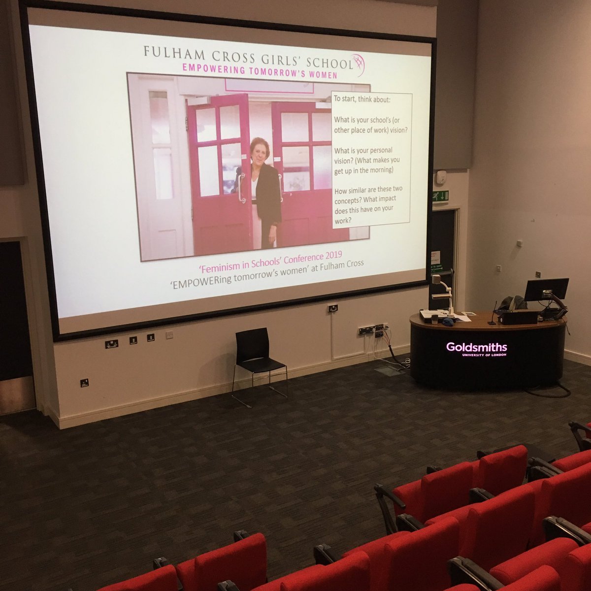 Set up and ready to speak about ‘Empowering Tomorrow’s Women’ with @GurmeetKaur01 at #Goldsmiths today! Reppin’ @FulhamCross from 12.30-13.30 in LG01. #FeminismInSchools