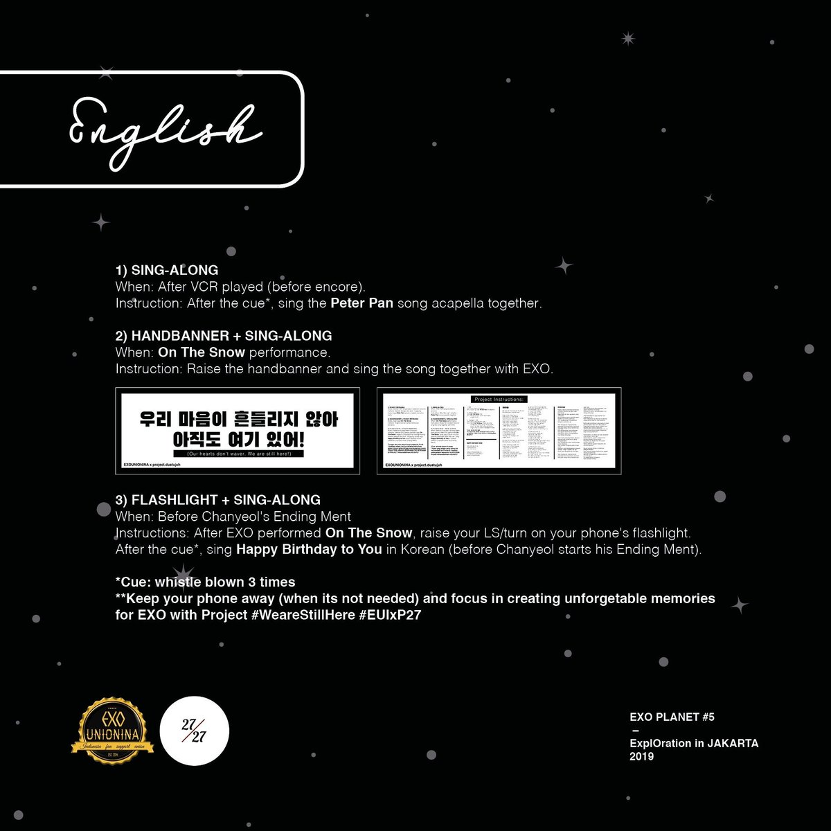 365withEXO's tweet photo. [OFFICIAL FAN PROJECT] Project Instructions - We Are Still Here #EUIxP27 #WeAreStillHere #EXplOrationinJKT 
.
By : @exounionina x @projectduatujuh
.
Supported and Approved by @dyandraglobal &amp; S.M Entertainment https://t.co/7xkNbIiRio