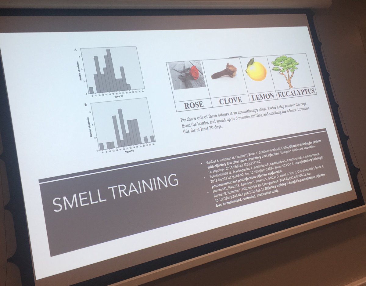 KitchenBee's tweet image. Rose, clove, lemon, eucalyptus. Smell training can work for some patients with smell loss (esp if caused by post-viral loss) but you don’t need to buy expensive kits says Prof Carl Philpott- just choose a range of liquids with different smells. #FifthSenseConference