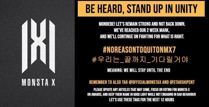 20191116 12pm KST onwards 28th Hashtags @OfficialMonstaX  @STARSHIPent  #NoReasonToQuitOnMX7  #우리는_끝까지_기다릴거야