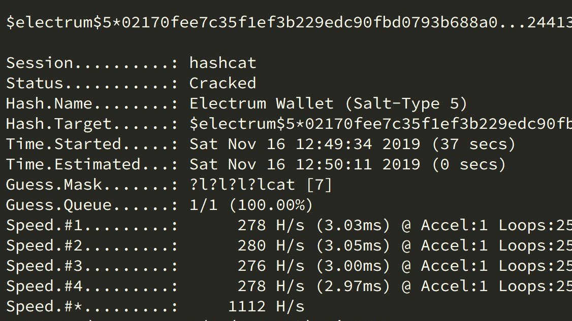 Support for Electrum Wallet (Salt-Type 4 and 5) using secp256k1 added to upcoming hashcat 6.0.0 by <a href="/philsmd/">Philipp</a>: github.com/hashcat/hashca…