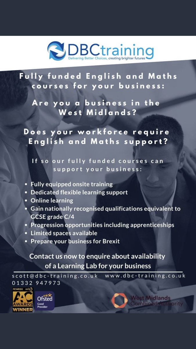 Derbybusco's tweet photo. All West Midlands businesses are eligible for funded English and maths courses ✍️Improve your employees report writing, health & safety compliance, understanding of data
#ThinkSKills #ThinkDBC #ReadyforBrexit #AEB #AdultEducation @WestMids_CA https://t.co/6g5XZxnd2b