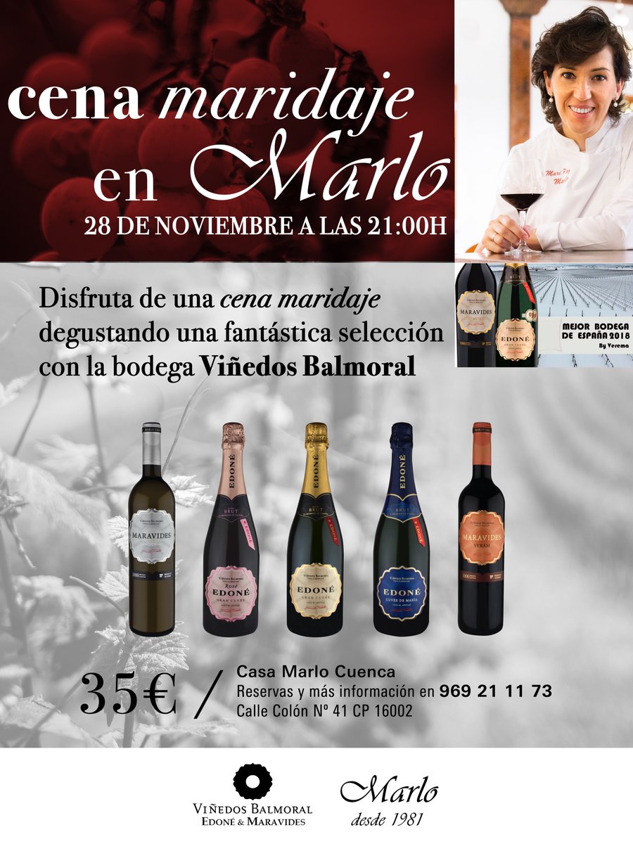 MariPazTopChef's tweet photo. Una vez más, en @taperiamarlo se llevará a cabo una #cenamaridaje el próximo 28 de noviembre junto a una selección de vinos que se ha llevado el Premio a la #MejorBodegaDeEspaña por @verema en 2018 y título que estará vigente hasta el año 2020
#viñedosbalmoral #Maravides https://t.co/NckhMkF555