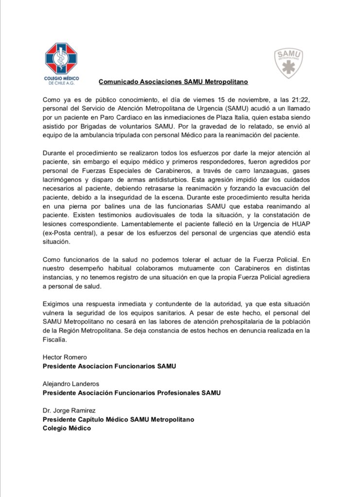 Comunicado Público por hechos ocurridos ayer viernes 15/11 en Plaza Italia (fecha corregida)