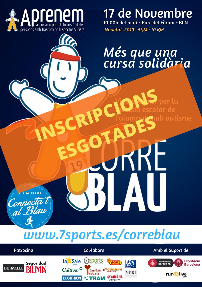 💥Inscripcions #CORREBLAU esgotades💥
730 participants prendran la sortida d'aquesta carrera solidària,caminant o corrent, per fer possible la #InclusióEscolar de l'alumnat amb #autisme!
Moltes gràcies!! 💙Demà serà un matí fantàstic d'inclusió, esport i solidaritat! FINS DEMÀ!😄