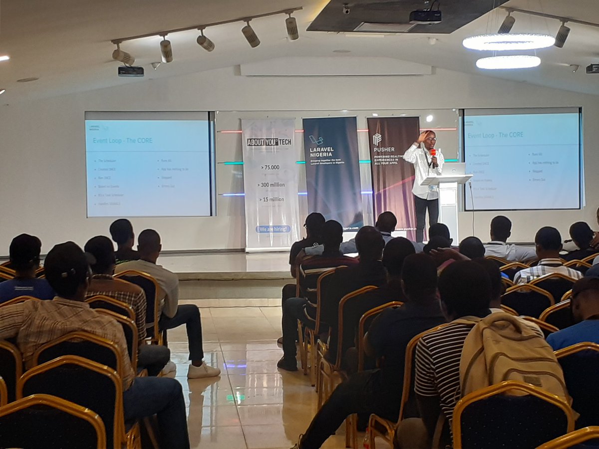 mozartted's tweet image. Did you know you can use, react php to setup event loops which feature the scheduler, And error logging.... finally learning some really new concepts in php, wonderful talk by @bosunski #LaravelNigeria