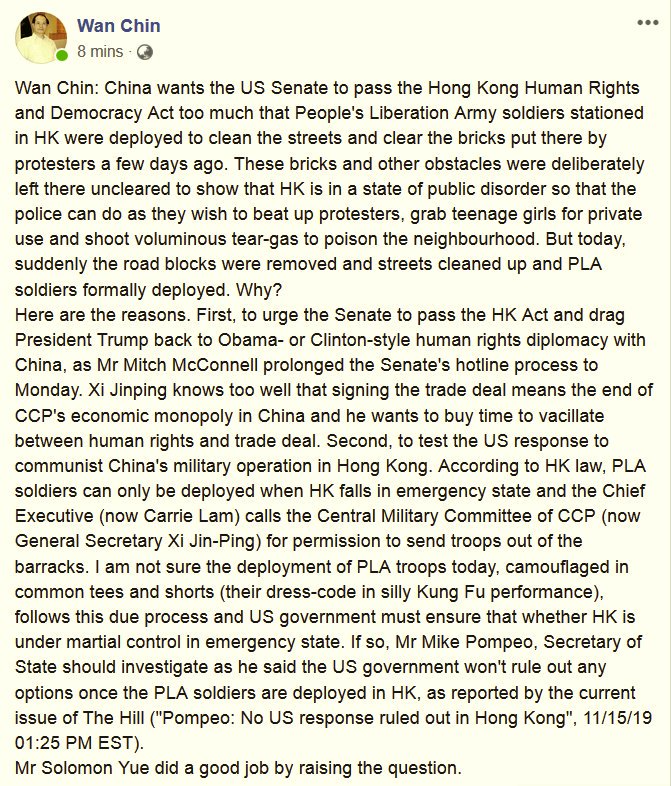 WanKanCHIN's tweet photo. Today, suddenly the road blocks were removed and streets cleaned up and People's Liberation Army soldiers formally deployed. Why? Here are the reasons. https://t.co/yKMVR0anoR