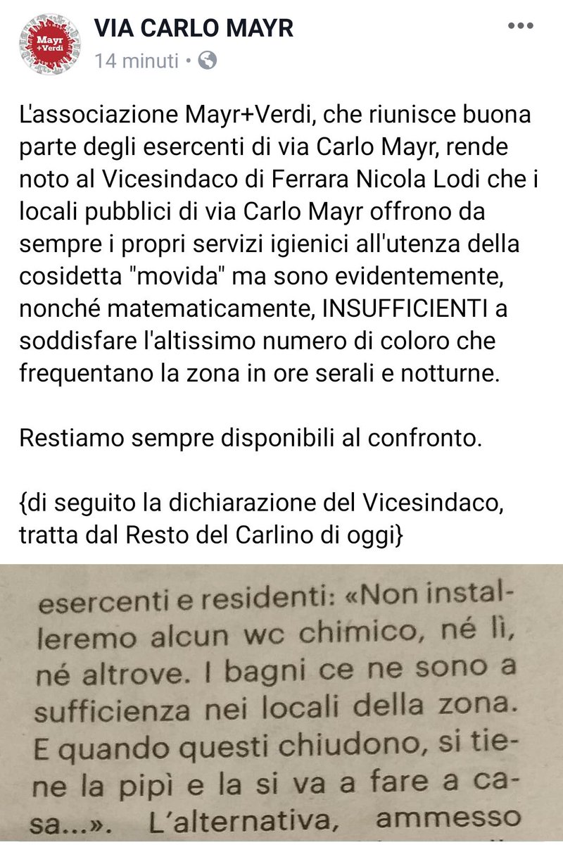 mayrverdi's tweet photo. > Comunicato <

Nostra replica a quanto dichiarato dal Vicesindaco Nicola Lodi ieri in conferenza stampa sul tema "Movida in Piazza Verdi" 

#bagnipubblici
#piazzaverdi
#movida
#Ferrara
#mayrverdi

cc @nuovaferrara
@TelestenseTg @Carlino_Ferrara @estensecom https://t.co/DhYY3nGZaX