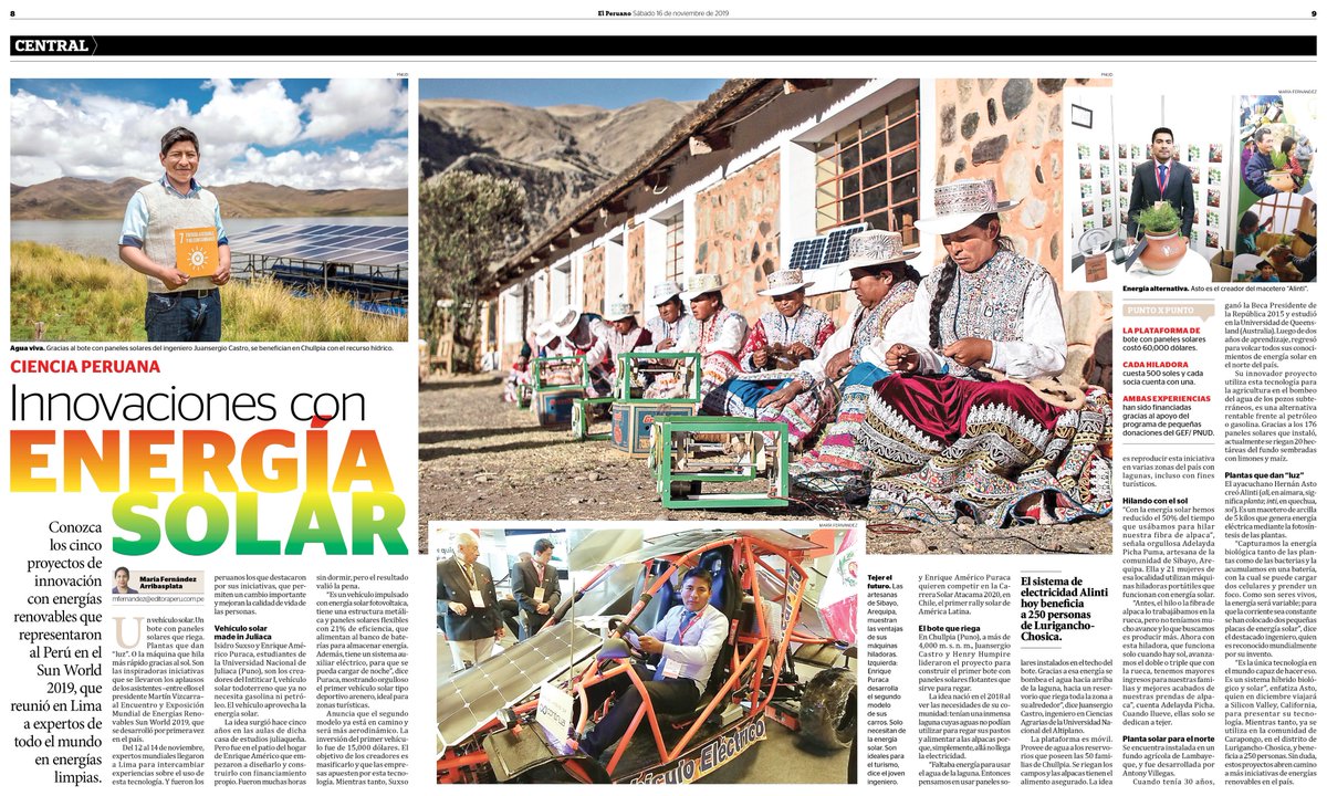 DiarioElPeruano's tweet photo. 👏Conozca las inspiradoras iniciativas con energía solar que han creado emprendedores peruanos. Entre ellos un vehículo solar, un bote con paneles solares que riega, plantas que dan “luz” o la máquina que hila más rápido gracias al sol https://t.co/GyQlxmzl04

Por @marinella_0126 https://t.co/r4vpdQ0B41