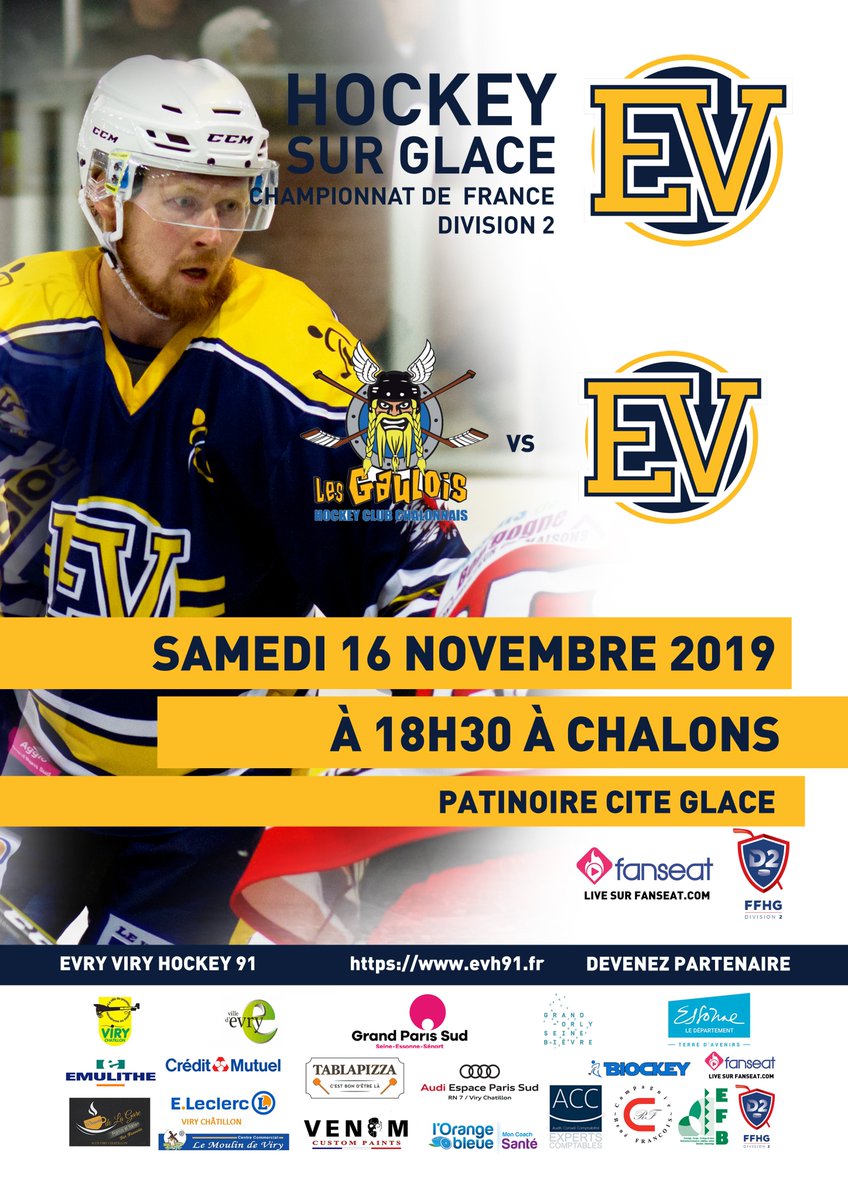 Jour J !
🏆 Championnat D2 🏆 
<a href="/hockeychalons/">Les Gaulois de Châlons</a> 🆚 <a href="/HCEvryViry/">Evry Viry Hockey 91</a> 
 🗓️ 16/11
📍 Patinoire <a href="/Chalonsenchamp/">Chalons-en-Champagne</a> 
 ⌚️ 18h30
<a href="/grandparissud/">Grand Paris Sud</a> <a href="/VilledEvryCourc/">Ville d'Évry-Courcouronnes</a> <a href="/france_hockey/">France Hockey</a> <a href="/CoeurEssonne/">Cœur d'Essonne Agglomération</a> <a href="/SportEssonne/">Sport Essonne</a> <a href="/hockeyarchives/">🏒 Hockey Archives 🏒</a> <a href="/orangebleueviry/">ORANGE BLEUE VIRY</a> <a href="/Hockey_FRA/">Équipes de France Hockey 🏒</a> @FanseatHockey <a href="/CDEssonne/">Département de l'Essonne</a>