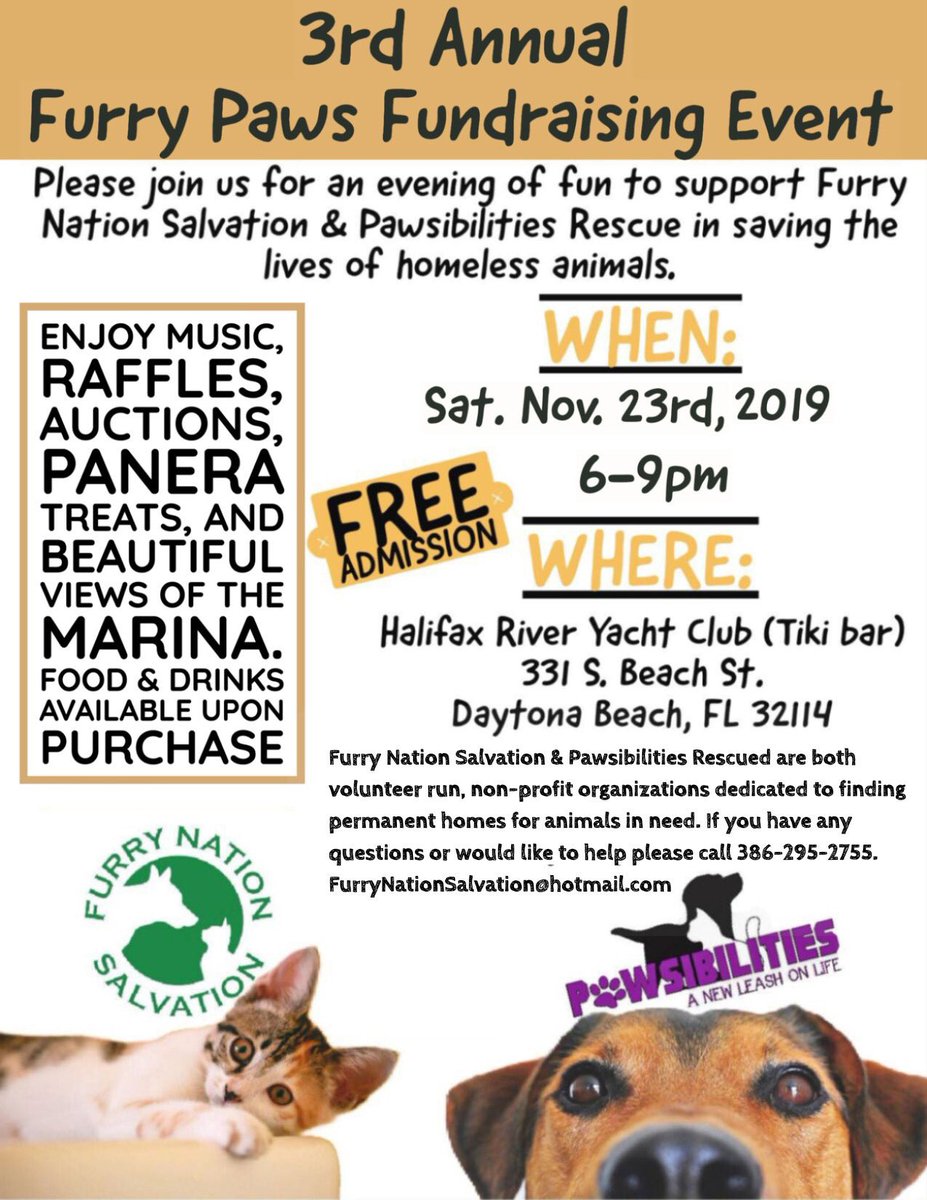 FurryNationSalv's tweet photo. NEXT SATURDAY (Nov.23) is our biggest night of the year ! Come out for our 3rd Annual Furry Paws Event! Enjoy LIVE music🎵, over 60 raffles and silent auctions (great opportunity to win prizes for Xmas 🎄 ), yummy food 🥘 and awesome views! Come out and support TWO non-profits! https://t.co/2DJiAEchbm