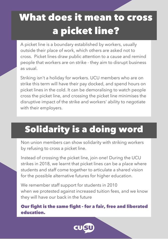 the CUSU women’s campaign supports <a href="/CambridgeUCU/">Cambridge UCU</a> members who will be on strike later this term. we know that our fight is the same fight - read our handy strike resource to find out more and don’t cross the picket line! 💥