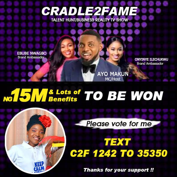 Gracecrafties1's tweet photo. Hello everyone.
Pls pls and please vote for me in cradle to fame.
Text C2F 1242 TO 35350
SMS VOTE IS #100 AND YOU CAN VOTE MORE THAN ONCE.
PLS I NEED YOUR SUPPORT,I AM AN ENTREPRENEUR, WHO WANT TO elevate.thanks to everyone who will vote for me. https://t.co/alzRJLFZAE