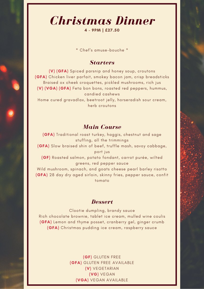 WesternBaths's tweet photo. Have a look at our Christmas Lunch and Dinner menus and book before December 1st to receive a complimentary bottle of Prosecco! (tables of 6 or more) ππ₯π΄ππ
Call 0141 334 7783 to reserve #westernbaths #christmasmenu https://t.co/5aVTHdWYMC