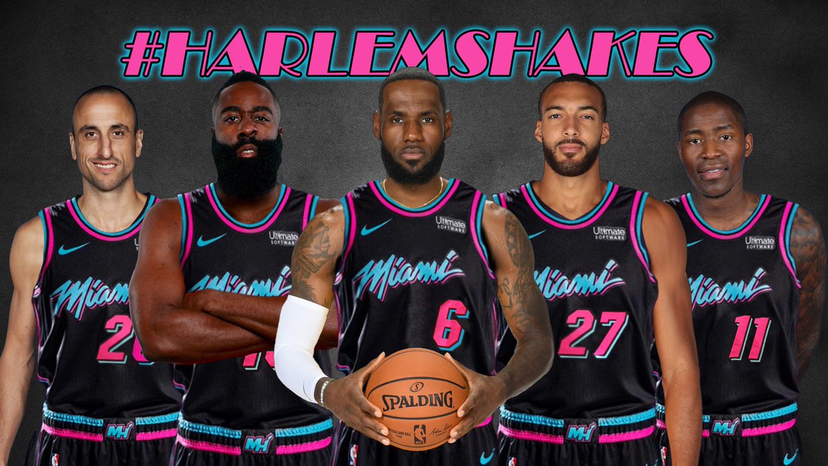 LeighEllis's tweet photo. Check out the #HarlemShakes squad:
G - @JHarden13 🧔🏾
F - @KingJames 👑 
C - @rudygobert27 🖐 🇫🇷 
Role Player - @JCrossover 🏀
Wild card - @manuginobili 🇦🇷 

Theme: Seven Nation Army https://t.co/6dTWT6cqfh