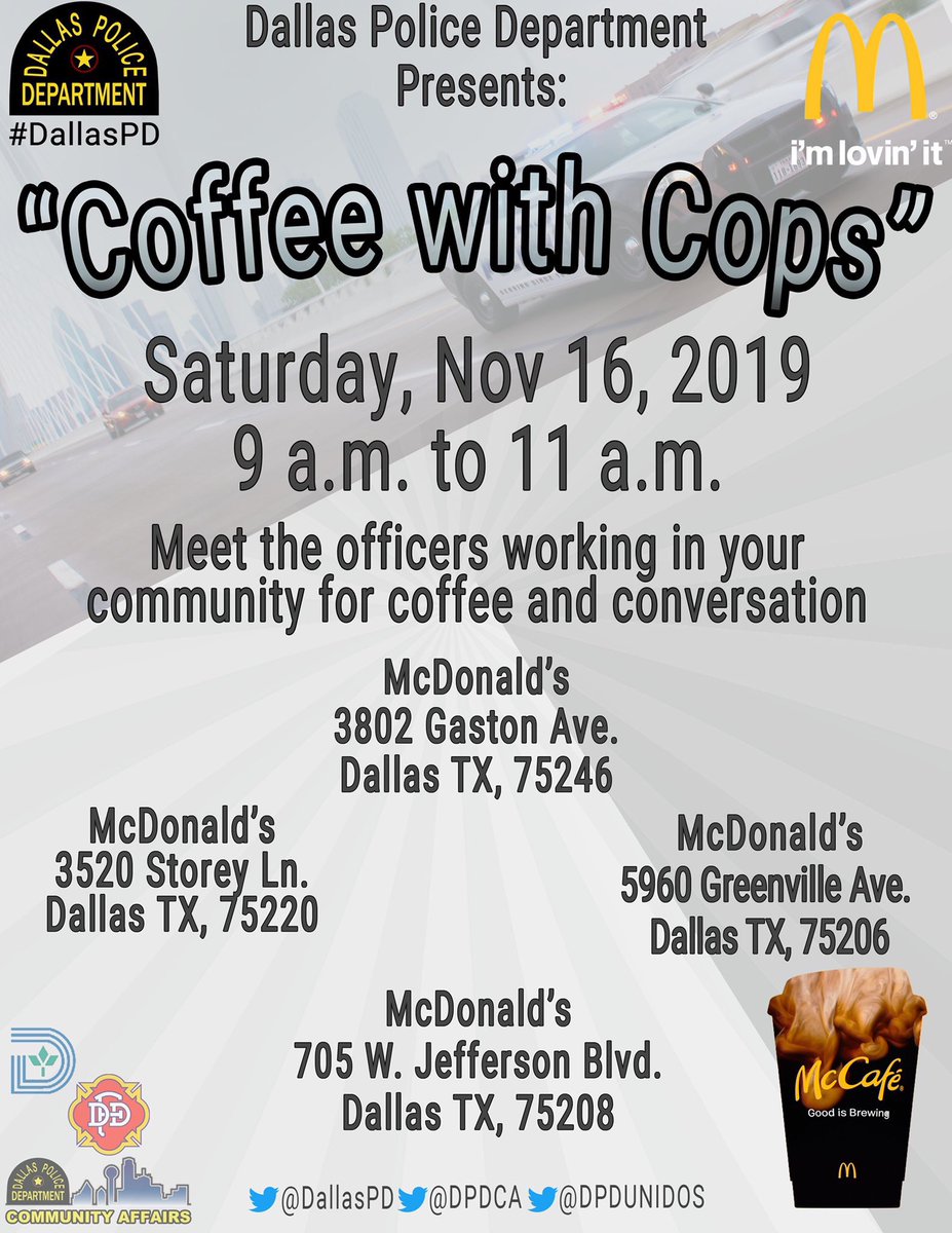 JoliARobin's tweet photo. Great foot traffic inside our @DallasPD @DPDCA #DPDCoffeewithCops here at 3520 Storey Ln. This engagement is all about making connections with the #community we serve. @DPDNWNPO are here & Bureau Chief Watson is also here this morning. https://t.co/iBl1P9Kr6P