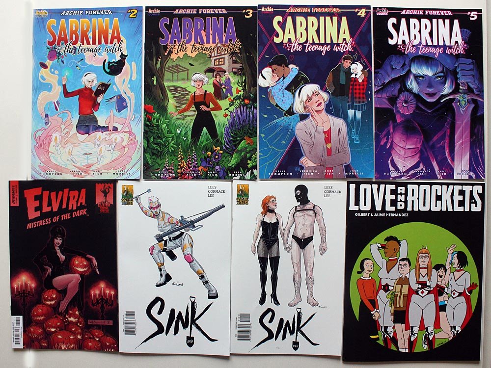 Caltex_98's tweet photo. My #comichaul november III: #SabrinaTheTeenageWitch 2-5 by @79SemiFinalist & #VeronicaFish, #Sink 9-10 by #JohnLees & #AlexCormack, #LoveAndRockets 7 by #JaimeHernandez & #GilbertHernandez. #comics #serier @ArchieComics @fantagraphics @DynamiteComics https://t.co/io18zkanzs
