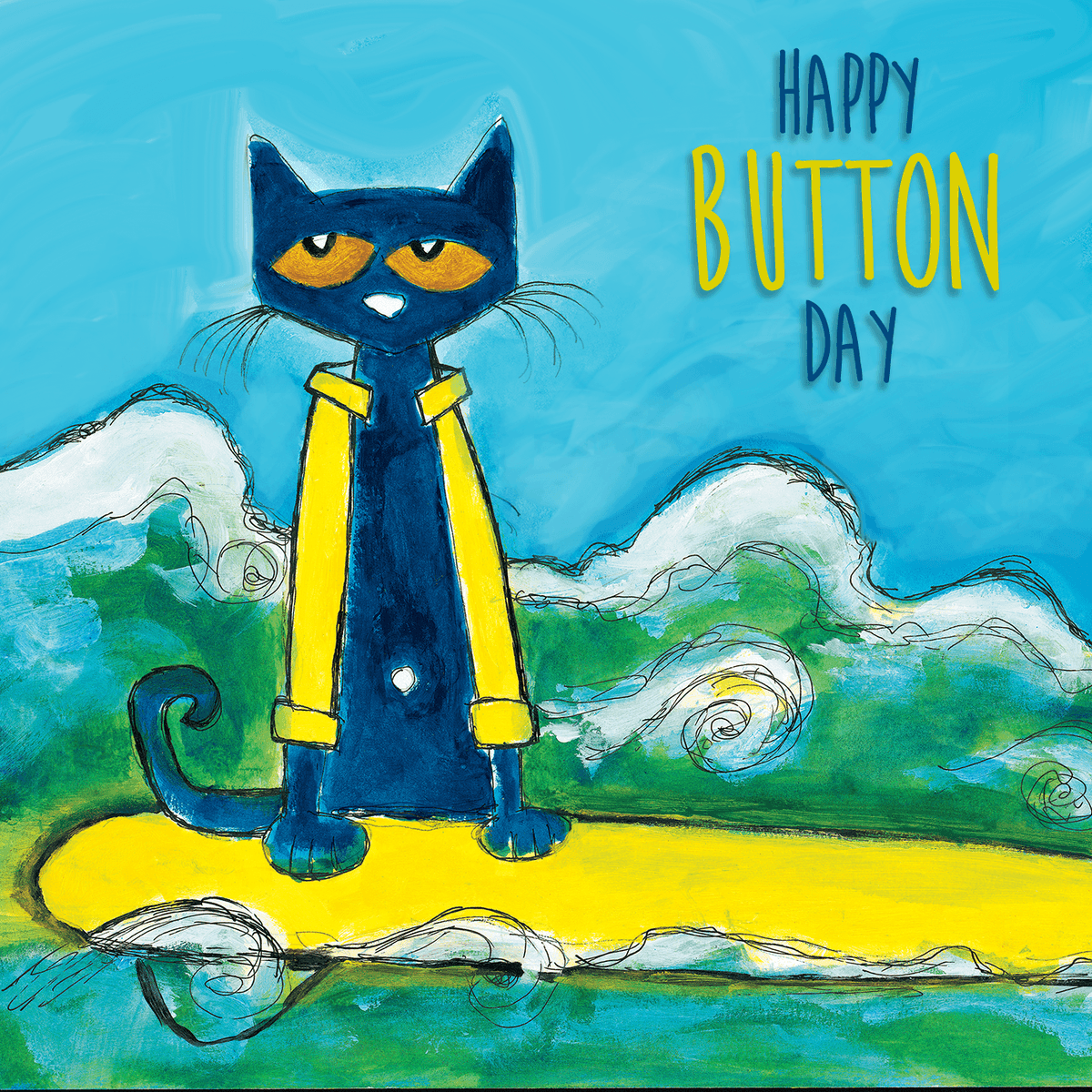 thepetethecat's tweet image. It&apos;s button day, and Pete&apos;s favorite kind of button is a BELLY BUTTON!! 💙 #fourgroovybuttons #petethecat #buttonday