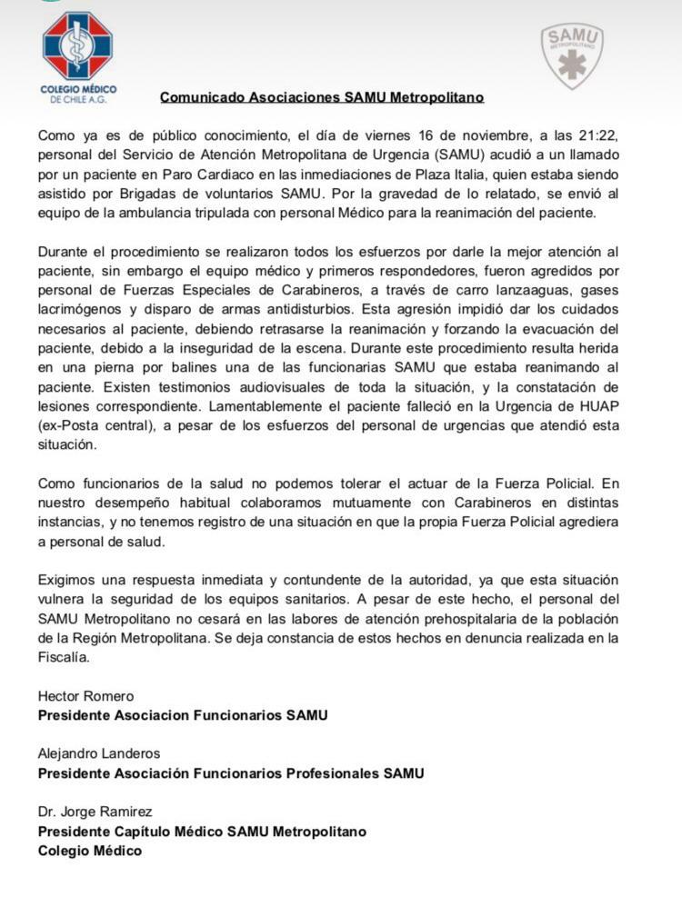 [Ahora]SamuMetropolitano junto a Colegio Médico denuncian ataque sufrido por funcionarios en medio de procedimiento de atención a paciente que presentaba Paro Cardiaco ayer en la noche durante las manifestaciones que se realizaban en Plaza Italia. <a href="/colmedchile/">Colegio Médico de Chile - Colmed Chile</a> <a href="/medsamumetro/">Capitulo Medico SAMU Metropolitano</a>