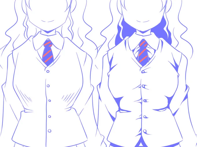 左のざっくり描いたBC自由学園の制服に、テンション(布地の張力)を加えると右のようにパッツンパッツンに見えるように、砂部さんの制服も張力の一手間が加わった絵なんですよね。まぁ明らかに祖父江さんとは横のサイズが違いますし…。
マリー様の太さに取って代わる存在の砂部さん。注目ですよ!(?) 