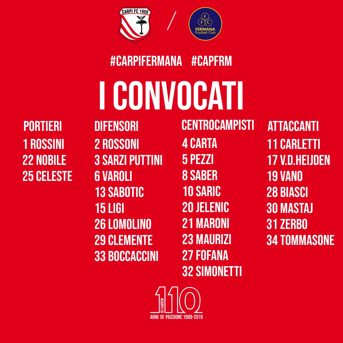 ac_carpi's tweet image. 📋 sono 27 i biancorossi convocati per #CarpiFermana di domani
#FORZACARPI 🇲🇨
#CapFrm