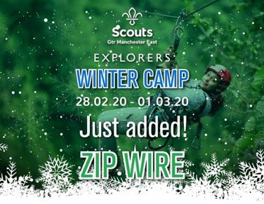 We've just added a Zip Wire!

Have you booked your place on Online Scout Manager (OSM) yet...?

For further information, please email wintercamp@gmescouts.org.uk