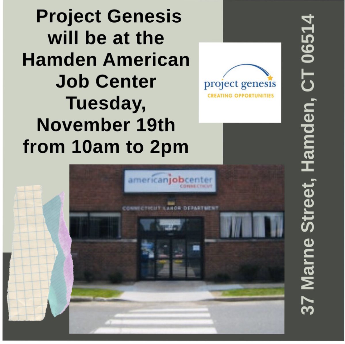 ProjectGenCT's tweet image. If you are looking for employment or a career change please stop by and see us at our event on Tuesday 11/19. 
Learn about our programs and explore our current opportunities that would best fit your talents. #job #jobevent #hiring #projectGenesisinc #Employment