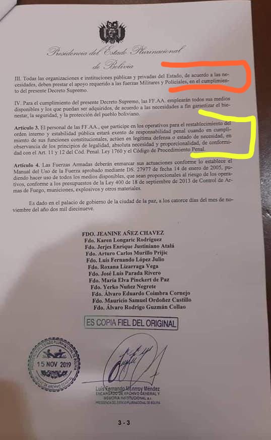 ari lijalad (@arilijalad) on Twitter photo 2019-11-16 16:37:03 Decreto de la dictadora boliviana. En rojo, todos tienen que someterse a las Fuerzas Armadas. En amarillo, los militares que asesinen no tendrán responsabilidad penal. Dictadura en Bolivia. Decreto de la dictadora boliviana. En rojo, todos tienen que someterse a las Fuerzas Armadas. En amarillo, los militares que asesinen no tendrán responsabilidad penal. Dictadura en Bolivia.