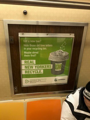 NYCzerowaste's tweet photo. Hey #NYC! Have you seen our new subway campaign—Real New Yorkers Recycle? We’re celebrating 30 years of recycling in our City! https://t.co/36IqOilEm5