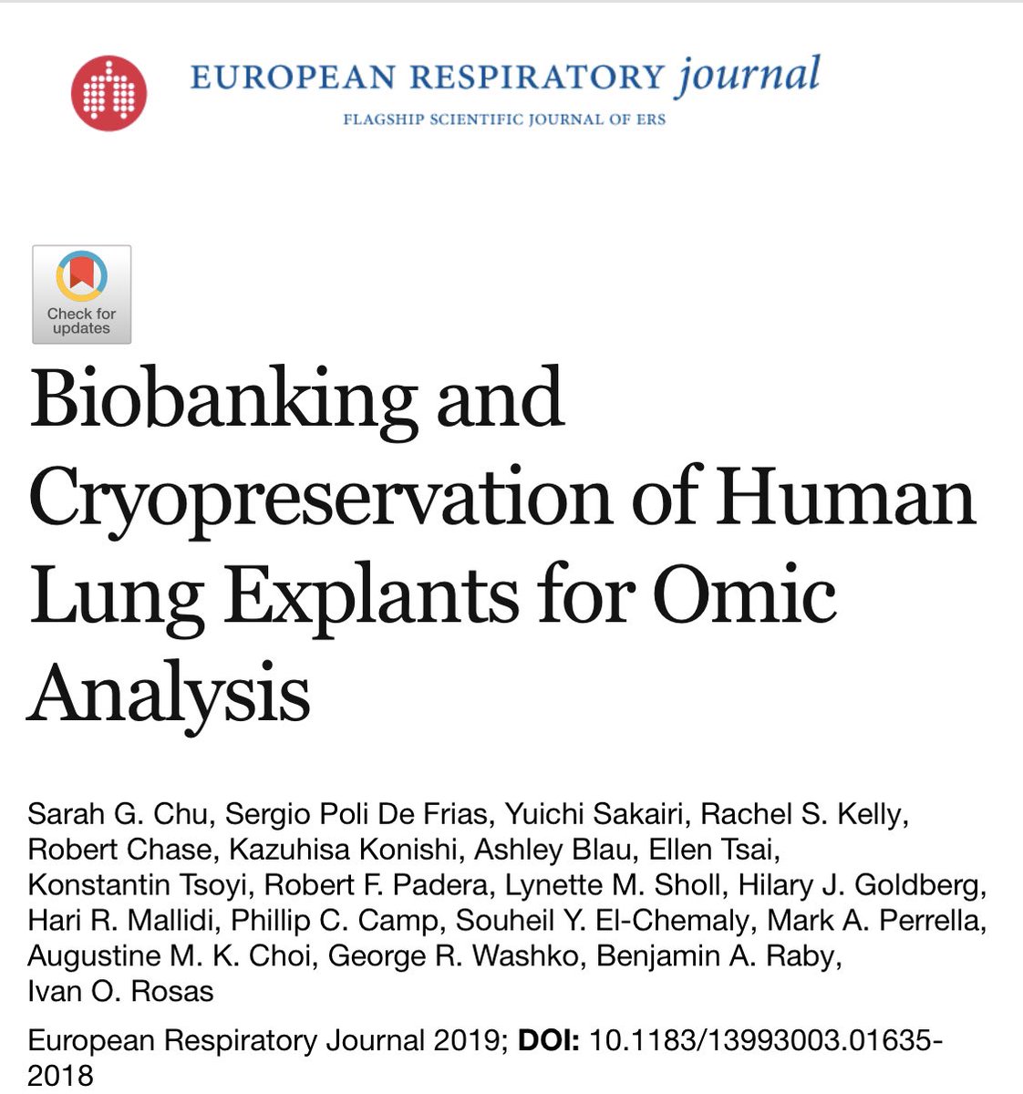 Is this the most important underrated paper in Pulmonary Research this year? I think it is. Kudos Dr. Ivan Rosas & team for this. Important methods paper on “Biobanking and Cryopreservation of Human Lung Explants for Omic Analysis” erj.ersjournals.com/content/early/…
