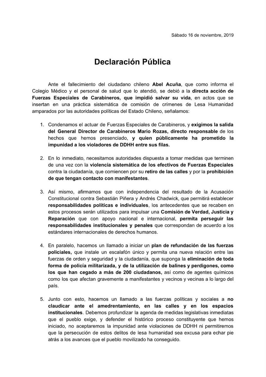gonzalowinter's tweet photo. Declaración con firmas transversales a raíz de muerte de Abel Acuña en Plaza de la Dignidad. 1. Salida inmediata de Mario Rozas. 2.Retiro Inmediato de FFEE de las calles 3. Comisión de Verdad, Justicia y Reparación. 4. No a la impunidad. Puedes adherir:  https://t.co/b8imvPiKbp https://t.co/lsKbwdmhhB