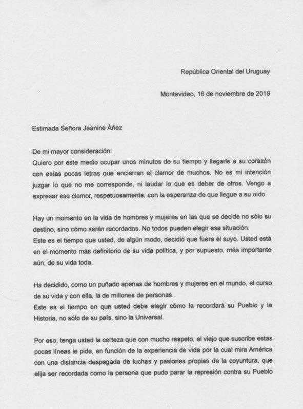 arilijalad's tweet photo. Pepe Mujica le escribe a la dictadora boliviana Jeanine Añez y le pide que pare la represión. https://t.co/QVGX7nLHkK