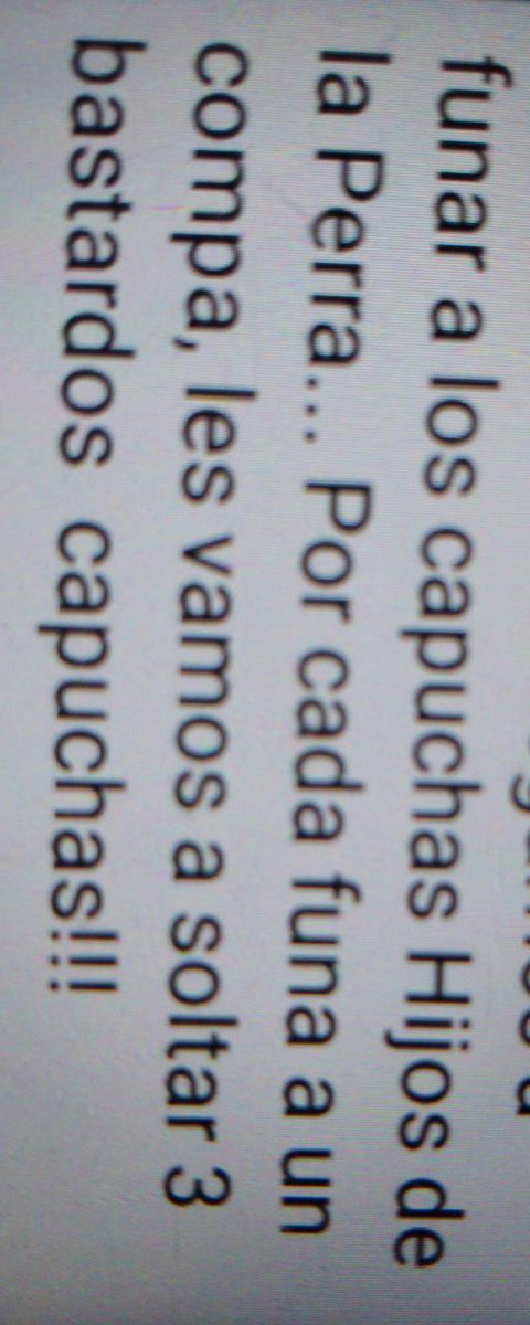A a Funar a Los Capuchas Hijos de la Perra, por cada Cumpa Funao vamos a ir soltando 3 Capuchas... 

Renato Lucero 3N Martín Yañez 3K Lucas Muñoz 3N
#institutonacional 
<a href="/Revenge00021685/">Revenge</a> <a href="/0Disfunsion/">Disfunsion.in2.0</a> <a href="/Rodolfo19635467/">Rodolfoelreno</a> <a href="/NoMasTomas2/">NoMasTomas</a> <a href="/BOTdelNacional/">Soy un Bot</a> <a href="/RenAlmeyda1/">René Almeyda</a> <a href="/KRubilarr/">fernanda</a> RT RT
