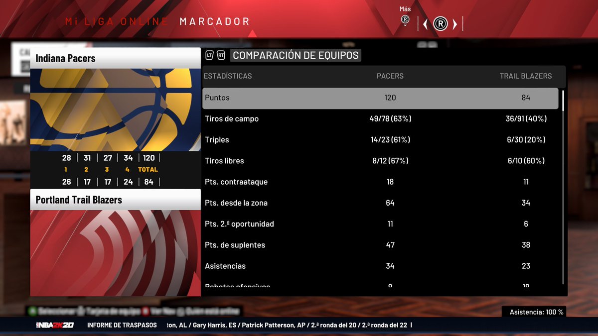 GMPortlandCPN's tweet photo. Derrota ante los de indiana, que estuvimos siempre al tran tran, pero probando opciones de anotación... @LigaPhoenix2k #ligaphoenix2k #NBA2K20 #jailblazers https://t.co/HrB9L9jaJp