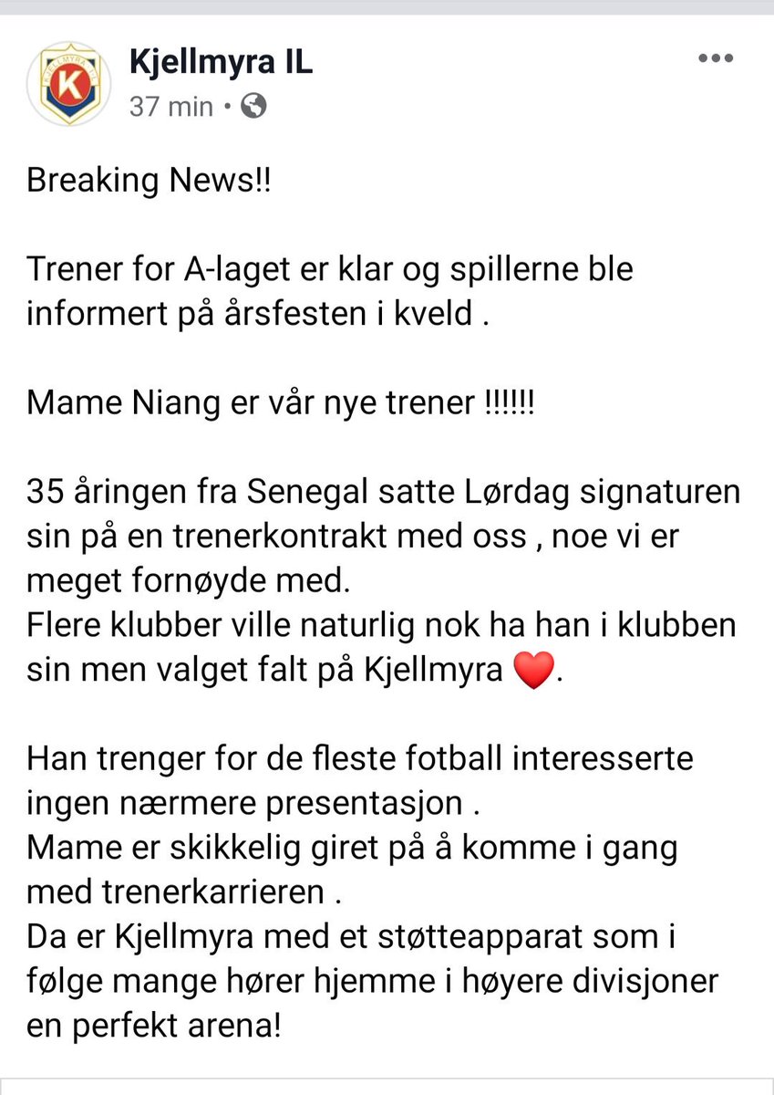 Dagens rareste nyhet. Tidligere Wolfsburg-, Viking- og Kongsvingerspiller Mame Niang klar som trener for Kjellmyra i 5. Divisjon
<a href="/FotballHedmark/">FotballHedmark</a>