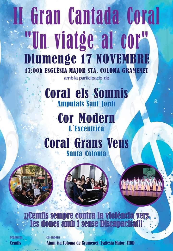 scgramenet's tweet photo. II Gran Cantada Coral amb la Coral Els Somnis, Cor Modern i Coral Grans Veus. A l'església Major de Santa Coloma, aquest diumenge 17, a les 17h. Activitat inclosa al programa del #25N #STKO #NoCalla @CIRDSC @cemfis_sc https://t.co/Vd2HSl53Pt