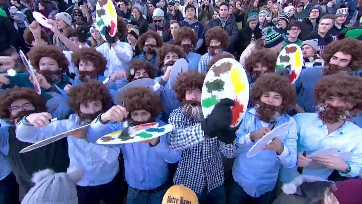 NDonNBC's tweet photo. "We don't make mistakes, we make happy accidents"
- @NDFootball student section
    -Bob Ross https://t.co/bDBDw7nxSM