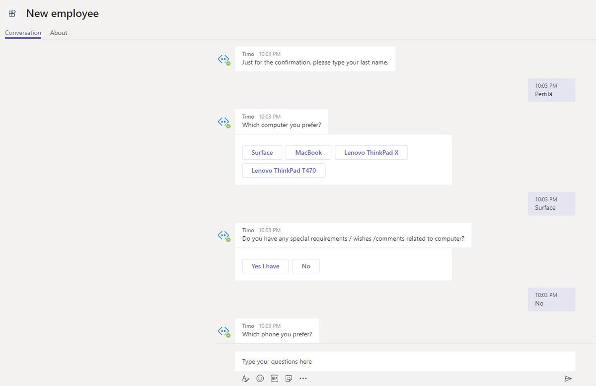 timopertila's tweet image. Kappas. Nämä #PowerVirtualAgent&apos;illa tehdyt botit putoaa suoraan #Teams&apos;iin. Ja Facebookiin, Skypeen, Slackiin ja moneen muuhun. #PowerPlatform