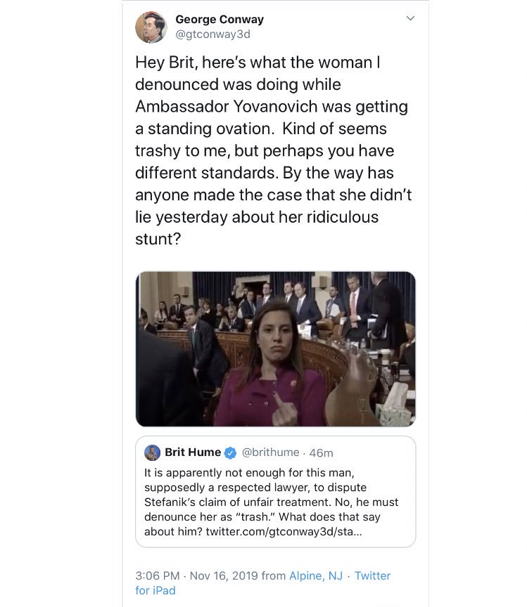 George Conway @gtconway3d deleted these tweets in which he shared a fake photo of @EliseStefanik giving the middle finger at the hearing yesterday. But the internet lasts forever.