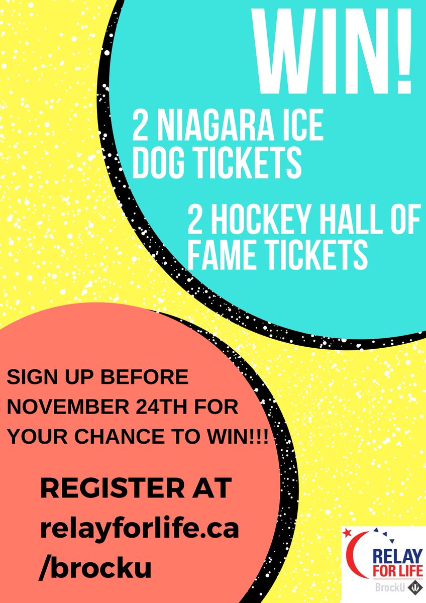 RFLBrockU's tweet photo. Attention Badgers!! 📣 Brock’s Relay for Life event is on March 27th, 2020!!! Anyone who registers before November 24th will be entered to win 2 Ice Dog Tickets and 2 Hockey Hall of Fame tickets!!! So be sure to follow the link and register. BrockU is bigger than cancer! 🎗 https://t.co/OFA7KIp5yW