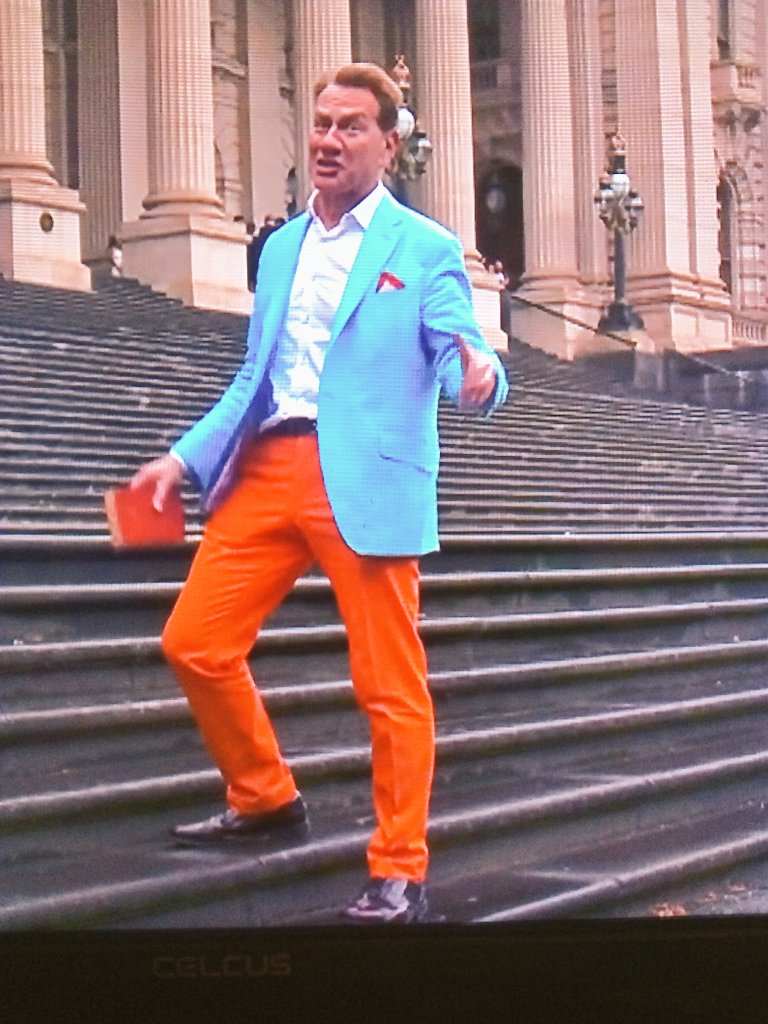 always like to play 'what Adidas trainer is Michael Portillo paying homage to with his blazer/kecks combo' on his railway documentaries. Tonight, in Melbourne, he's definitely gone full Manchester...