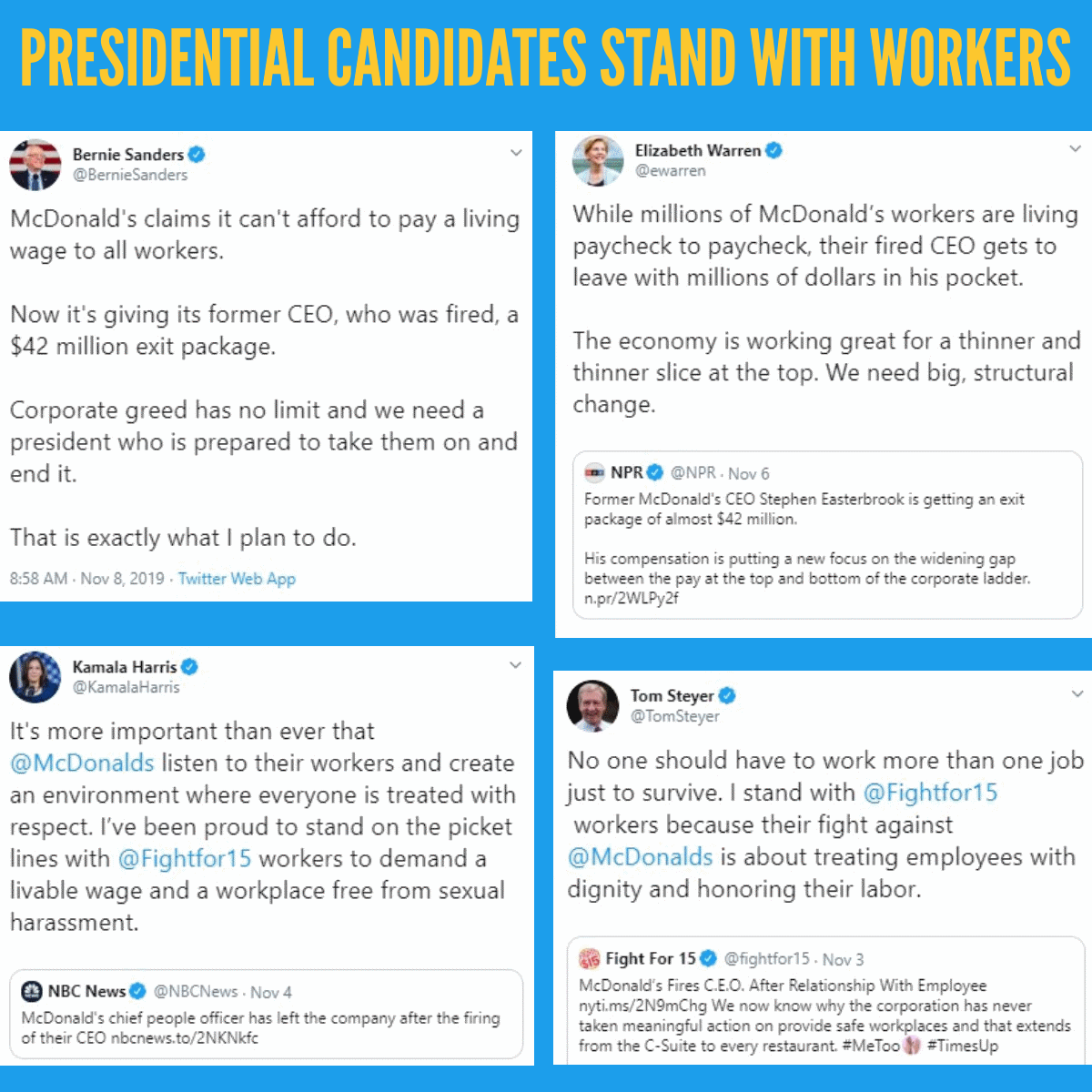 Presidential candidates are standing up to say enough is enough. <a href="/McDonalds/">McDonald's</a> is giving away millions to their fired CEO while workers struggle in poverty and depend on public assistance. Time to fix this rigged economy and win the #FightFor15 and #UnionsForAll.