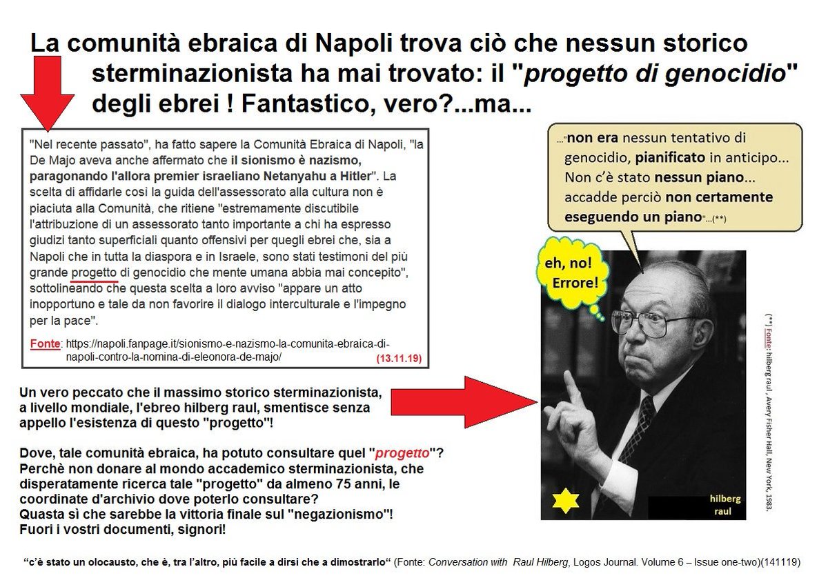 MggggpPoggi's tweet photo. La #comunitàebraica di Napoli 'trova'
ciò che nessun storico #sterminazionista ha mai trovato: il "#progetto di #genocidio" degli #ebrei !
#ComuneNapoli, #EleonoradeMajo
Si veda: 'Tre storici ebrei smentiscono lo…”sterminio pianificato”' - https://t.co/REB3ySEojY https://t.co/hFSqAf66h9