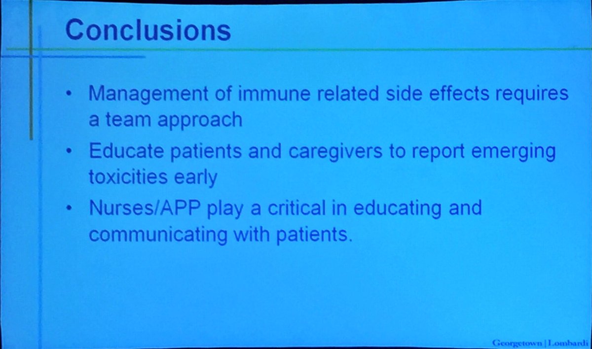 chulkimMD's tweet image. #DCLUNG19 Dr. Simona Armaca (PharmD) and Eunice Ochuonyo (MSN, FNP-C) from @LombardiCancer highlighting the challenges of irAEs and discussing guideline recommendations. Nurses/APPs can play an important role in monitoring and managing irAEs. #teamworkworks
