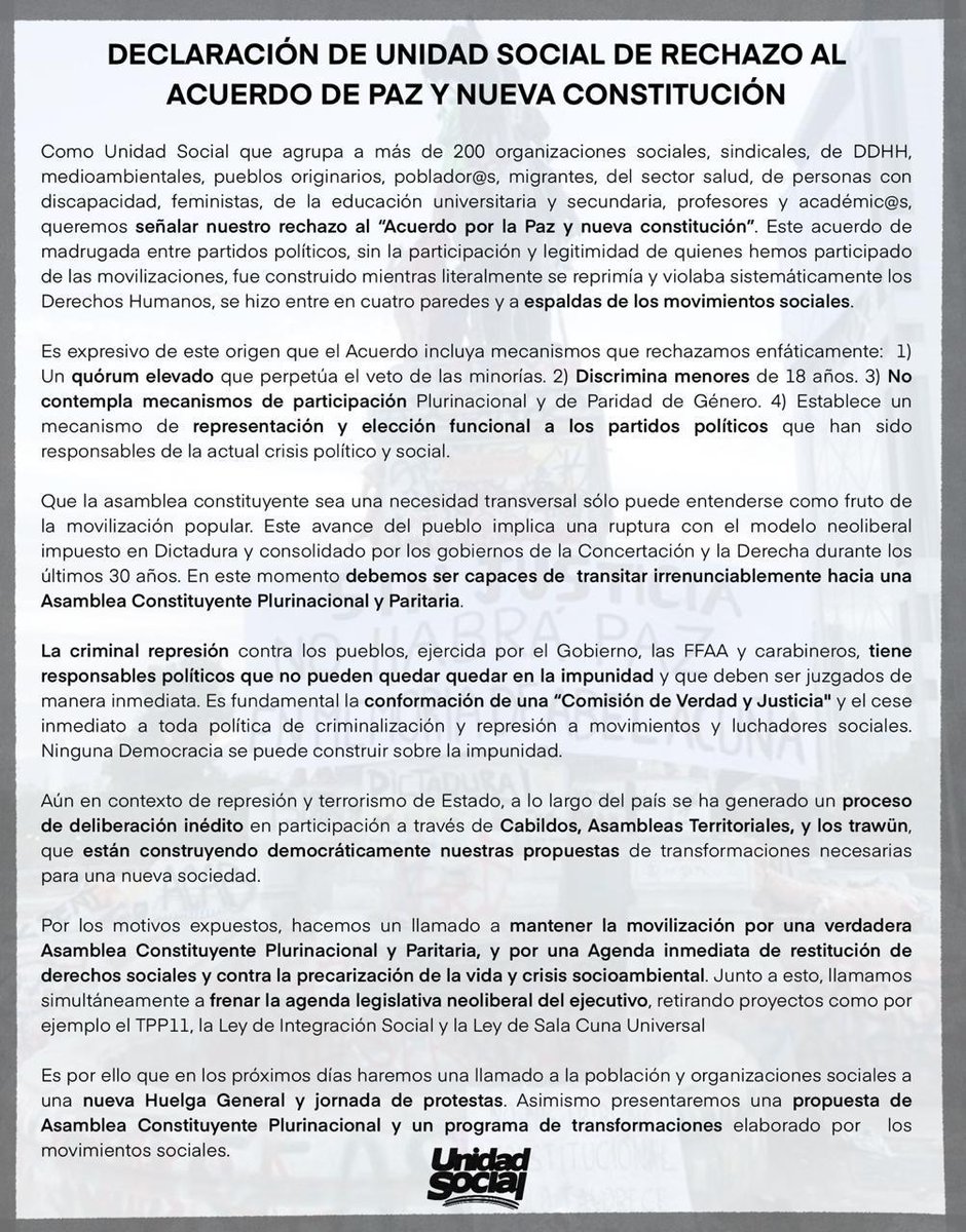 Cutchile's tweet image. Compartimos declaración pública de @UnidadSocialCh en rechazo al acuerdo de paz y #NuevaConstitucion, y realiza  llamado a una nueva #HuelgaGeneral y jornada de protesta, porque #ChileNoSeRinde #ChileDesperto ✊📣