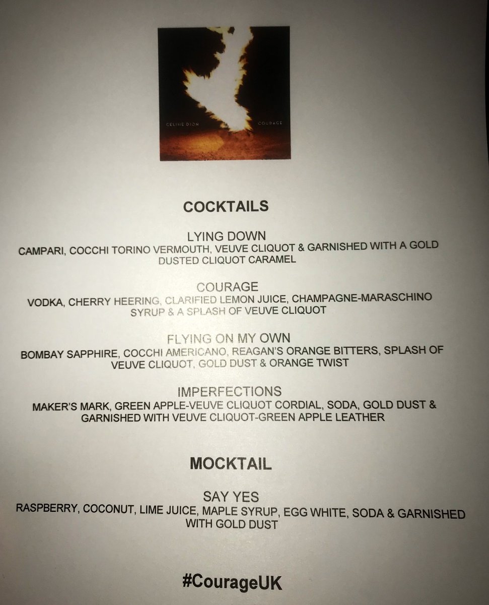 Shamrock_1982's tweet photo. Hmmm, just had a thought.... is #sayyes the next single for the UK after attending @SonyMusicUK @celinedion listening party this week?!?  Was the cocktail list a spoiler 🧐 #couragealbum #celinedion #courageuk #courageworldtour https://t.co/VZ1PgjbBOS