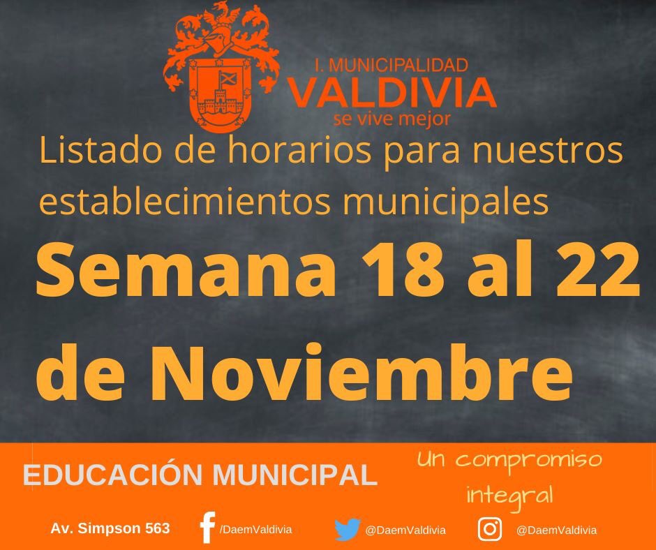 INFO IMPORTANTE 📌
En nuestro fanpage está publicado el listado de establecimientos y la situación de clases para la semana del 18 al 22 de Noviembre facebook.com/78022418871314… #Valdiviacl