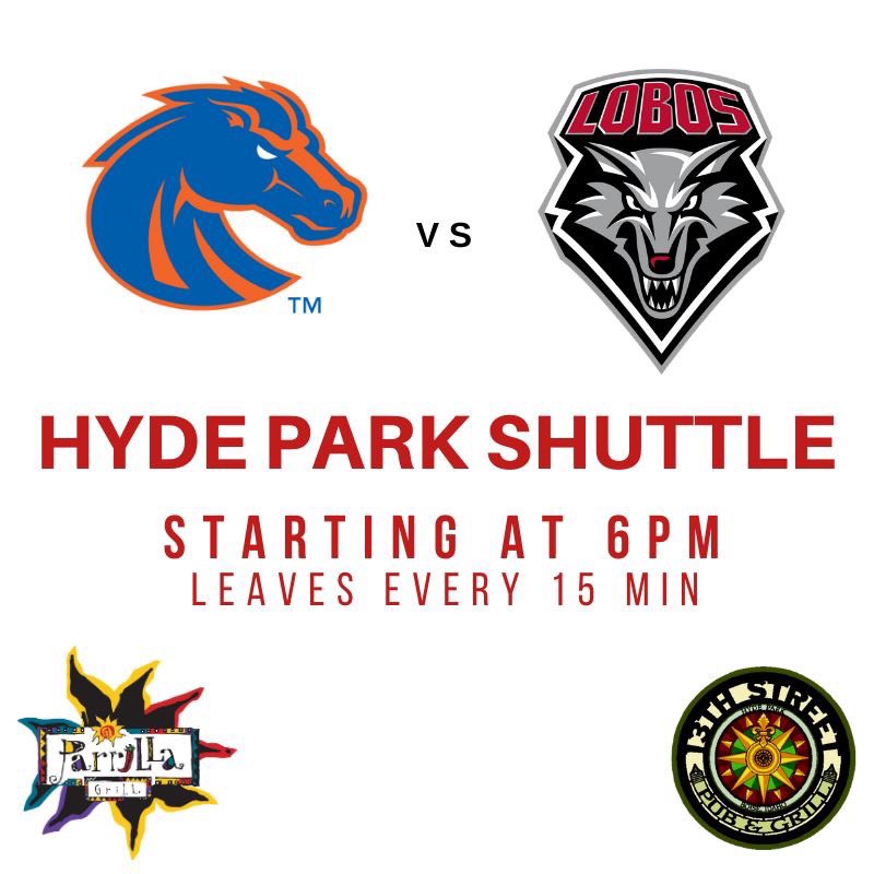 Avoid traffic and take our free shuttle! 1st ride leaves at 6PM and returns about every 15 minutes until 2 hours after the game. GO BRONCOS!
..
<a href="/BSUFootball/">Boise State Fans</a> <a href="/BoiseStateU/">Buster Bronco</a>  <a href="/BroncoSportsFB/">Boise State Football</a>