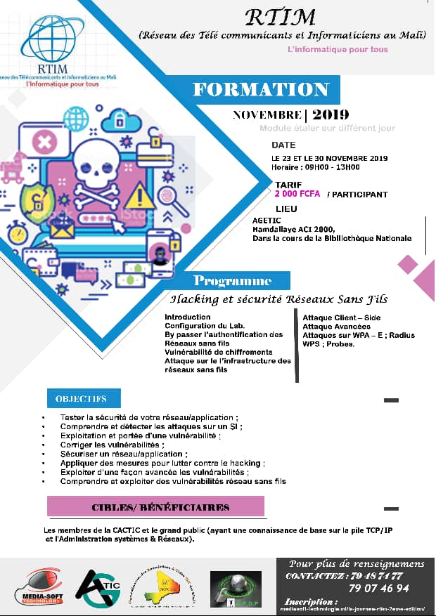 Formation sur le Hacking et Securité Reseaux sans fils.Pour vous inscrire: https://forms.gle/T7zAykmX8qgtm7zA6 …@agetic_officiel@MaliMenp@isocml @Agefau @KamissaCamara