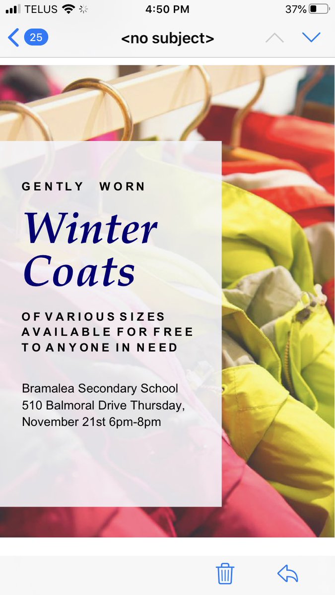 FREE coats!We are running our annual coat drive out of Bramalea SS this Thurs(Nov. 21st) 6-8 pm. All are welcome. ⁦<a href="/PeelSchools/">Peel District School Board</a>⁩ ⁦@harjitaujla1⁩ ⁦<a href="/patrickbrownont/">Patrick Brown</a>⁩ ⁦<a href="/CityBrampton/">City of Brampton</a>⁩ ⁦<a href="/BmptGuardian/">Brampton Guardian</a>⁩ ⁦@careandrews⁩ ⁦<a href="/TrusteeMcDonald/">KathyMcDonald</a>⁩